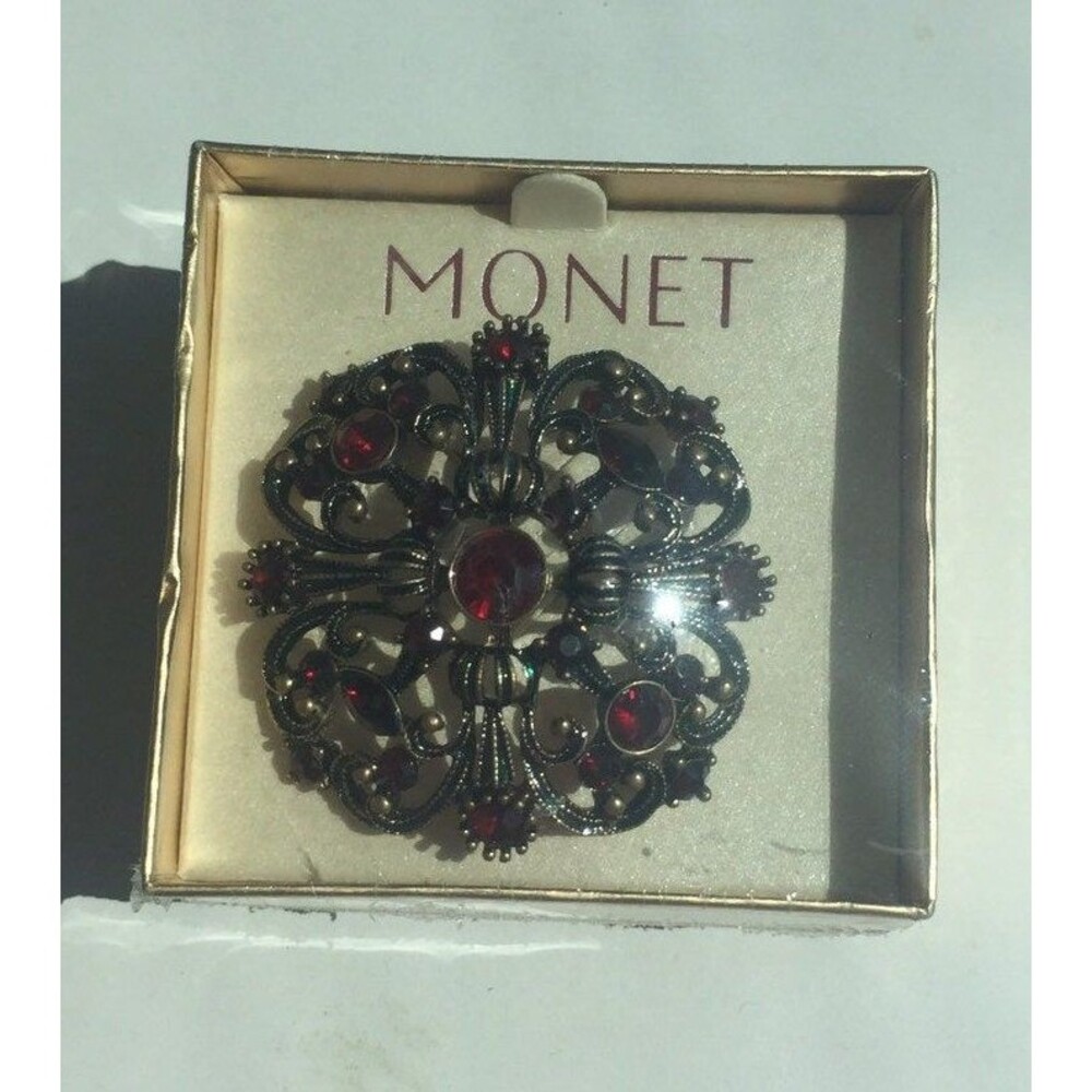 Monet Rhinestone Brooch Pin, Red Flower Brooch, Vintage Brooch,  Retro Brooch,